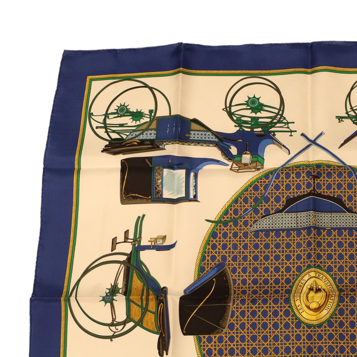 HERMES Carre 90 LES VOITURES A TRANSFORMATION Scarf Silk Blue Yellow Auth 42857 - 0