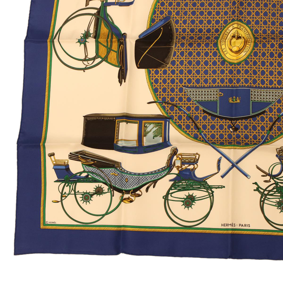 HERMES Carre 90 LES VOITURES A TRANSFORMATION Scarf Silk Blue Yellow Auth 42857