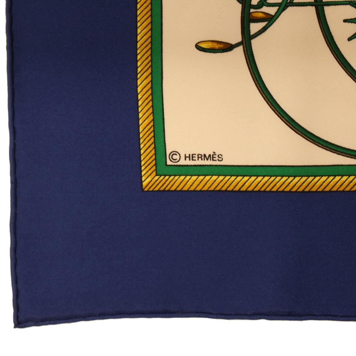 HERMES Carre 90 LES VOITURES A TRANSFORMATION Scarf Silk Blue Yellow Auth 42857