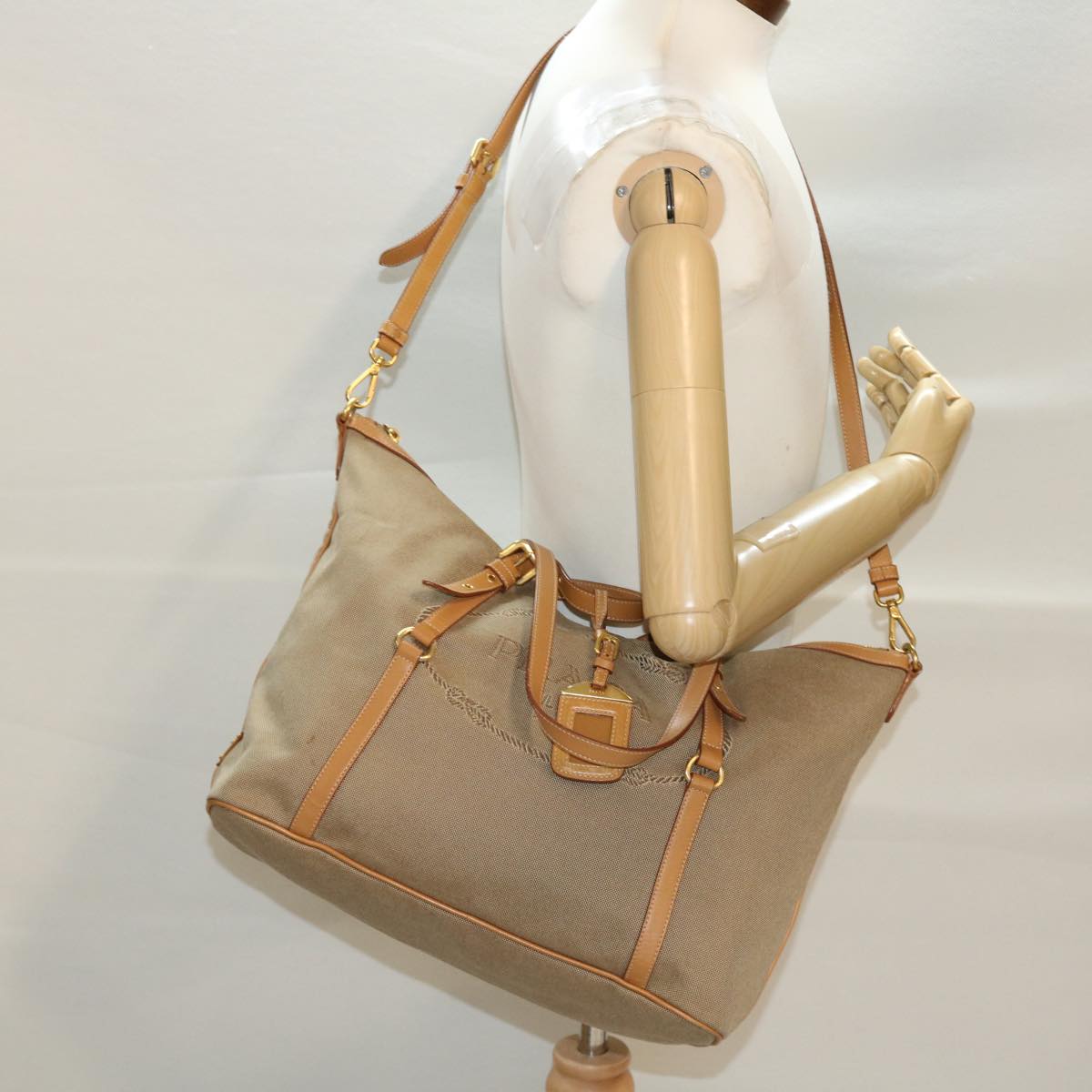 PRADA Shoulder Bag Canvas 2way Khaki Auth 42872