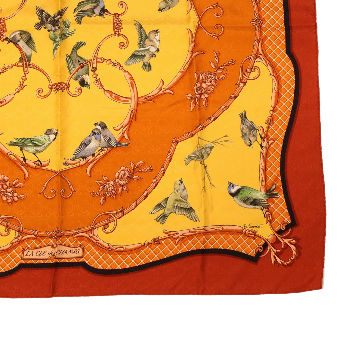 HERMES Carre 90 LA CLE des CHAMPS Scarf Silk Red Yellow Orange Auth 42873