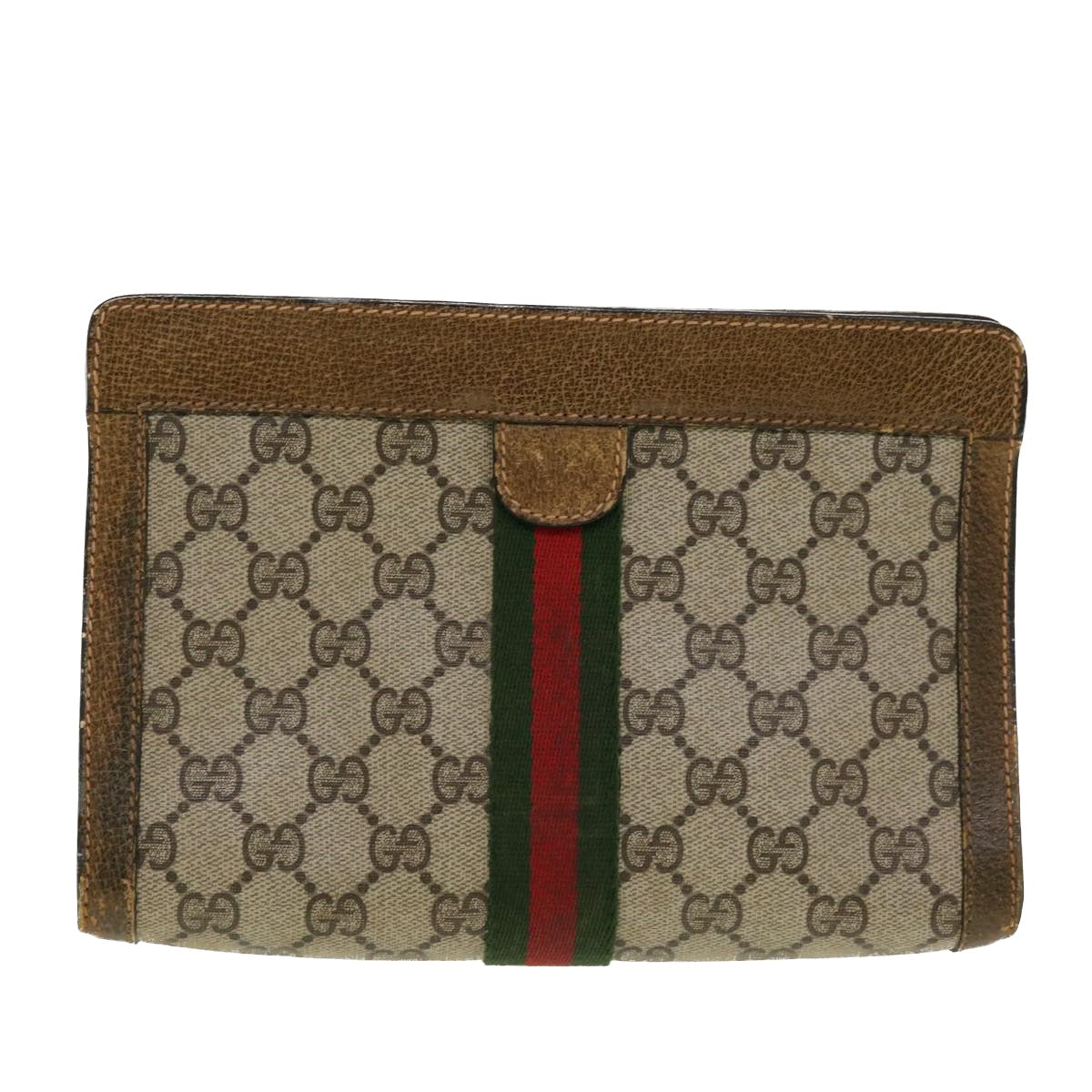 GUCCI GG Canvas Web Sherry Line Clutch Bag Beige Red Green 84.01.001 Auth 42878