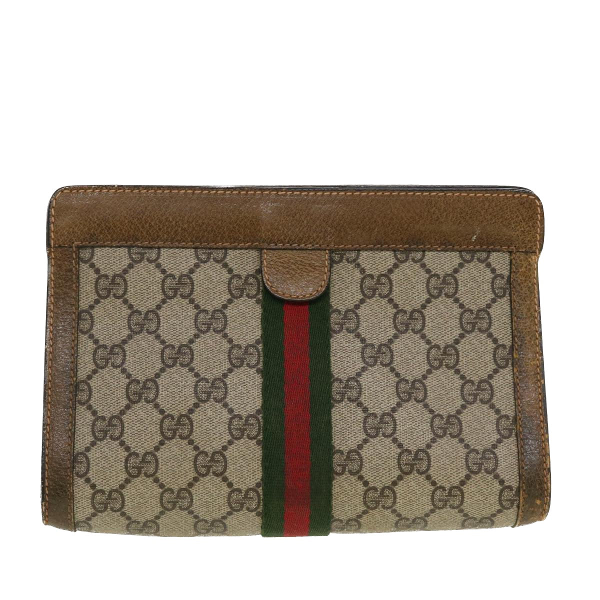 GUCCI GG Canvas Web Sherry Line Clutch Bag Beige Red Green 84.01.001 Auth 42878 - 0