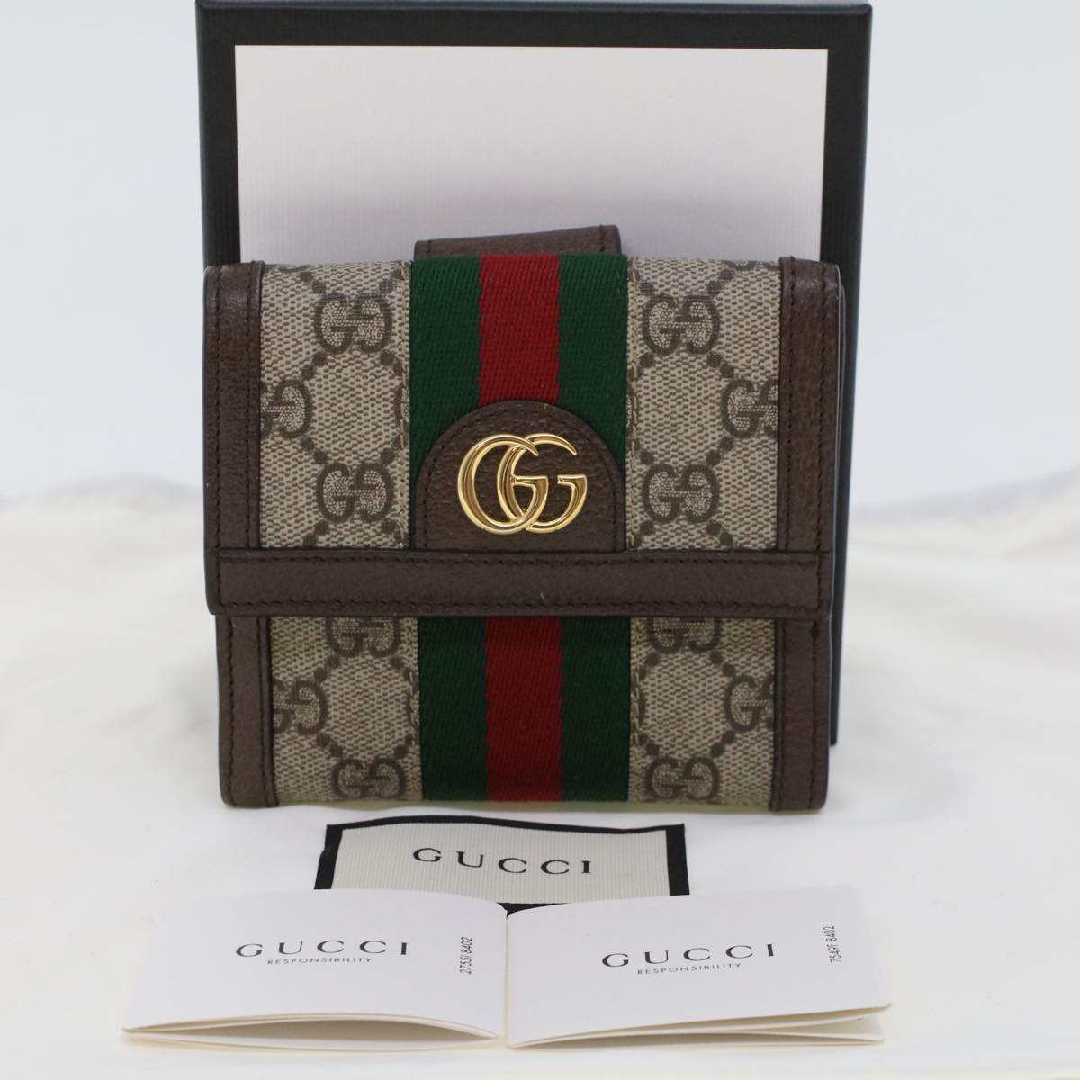 GUCCI GG Canvas Web Sherry Line Trifold Wallet PVC Leather Beige Red Auth 42974