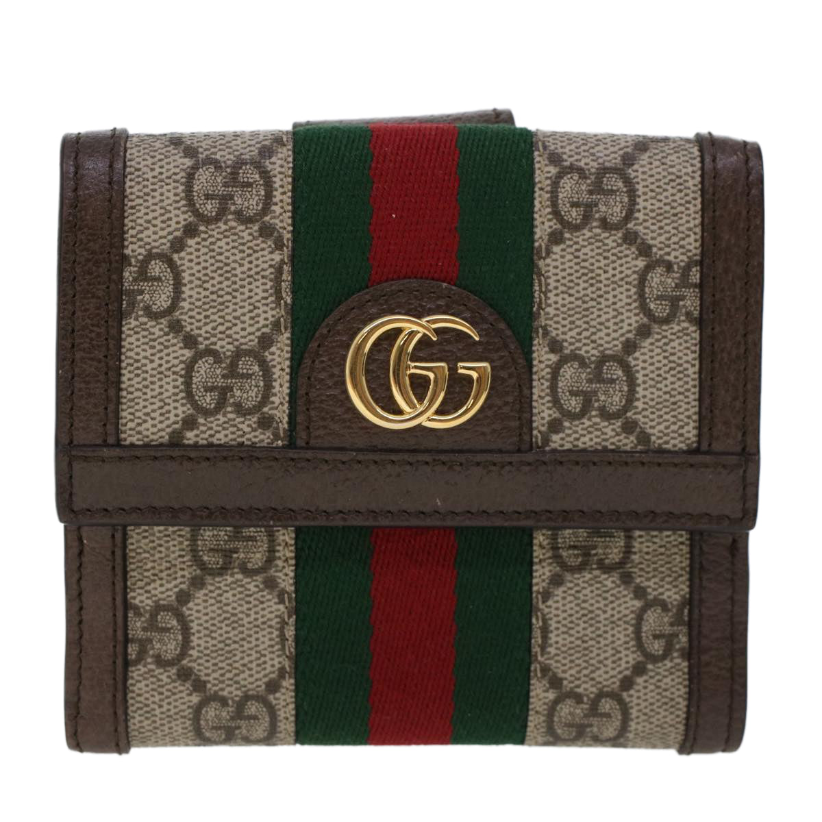 GUCCI GG Canvas Web Sherry Line Trifold Wallet PVC Leather Beige Red Auth 42974