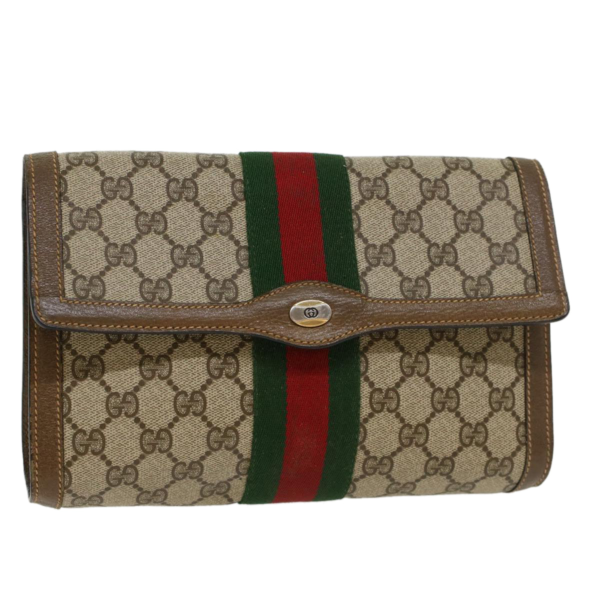 GUCCI GG Canvas Web Sherry Line Clutch Bag PVC Leather Beige Green Auth 43089