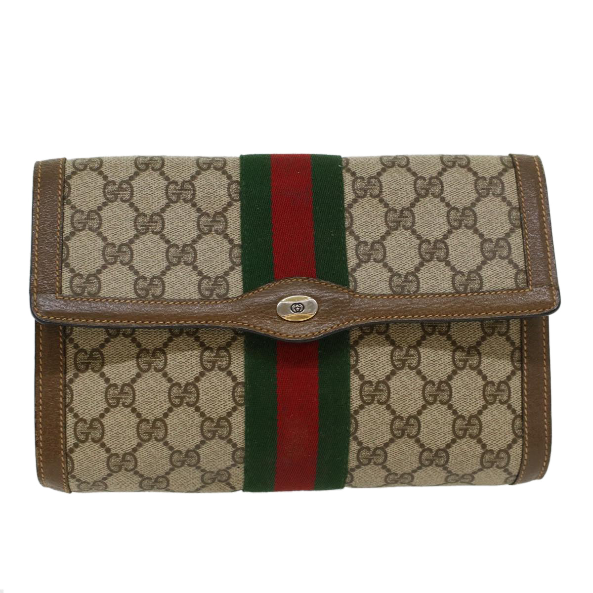 GUCCI GG Canvas Web Sherry Line Clutch Bag PVC Leather Beige Green Auth 43089