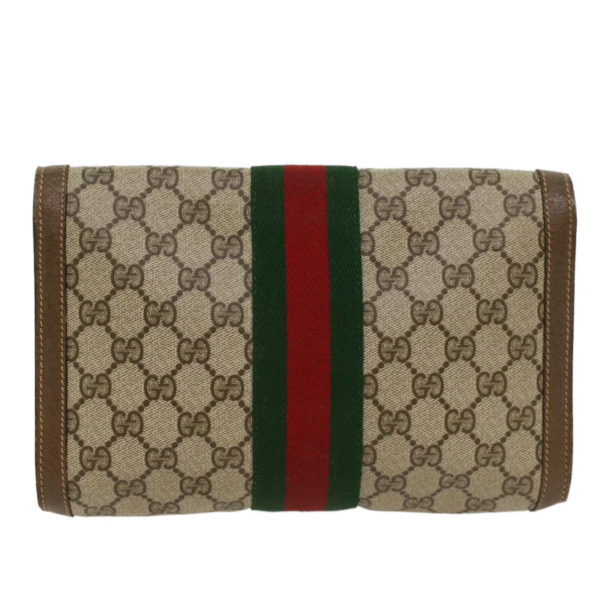 GUCCI GG Canvas Web Sherry Line Clutch Bag PVC Leather Beige Green Auth 43089 - 0