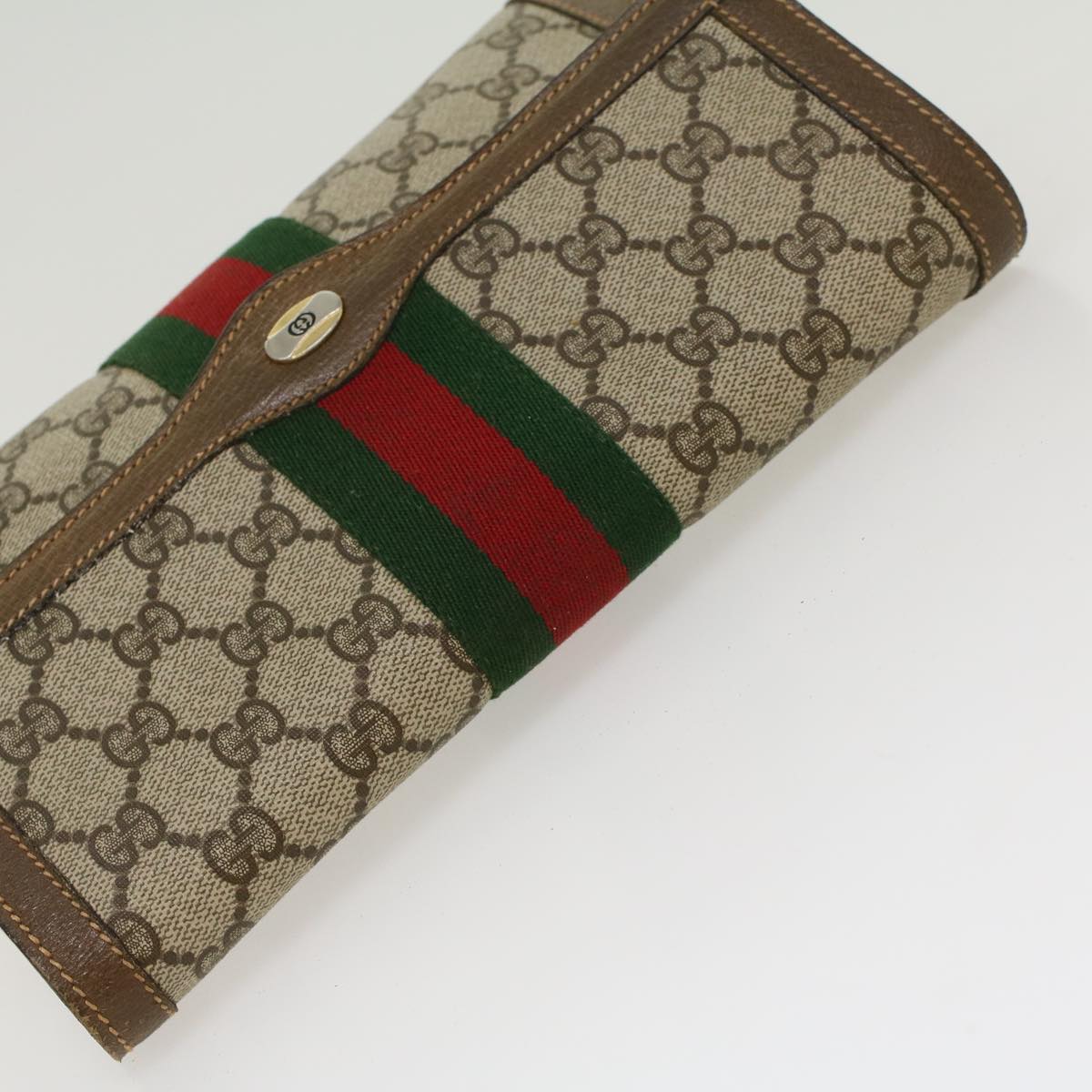 GUCCI GG Canvas Web Sherry Line Clutch Bag PVC Leather Beige Green Auth 43089