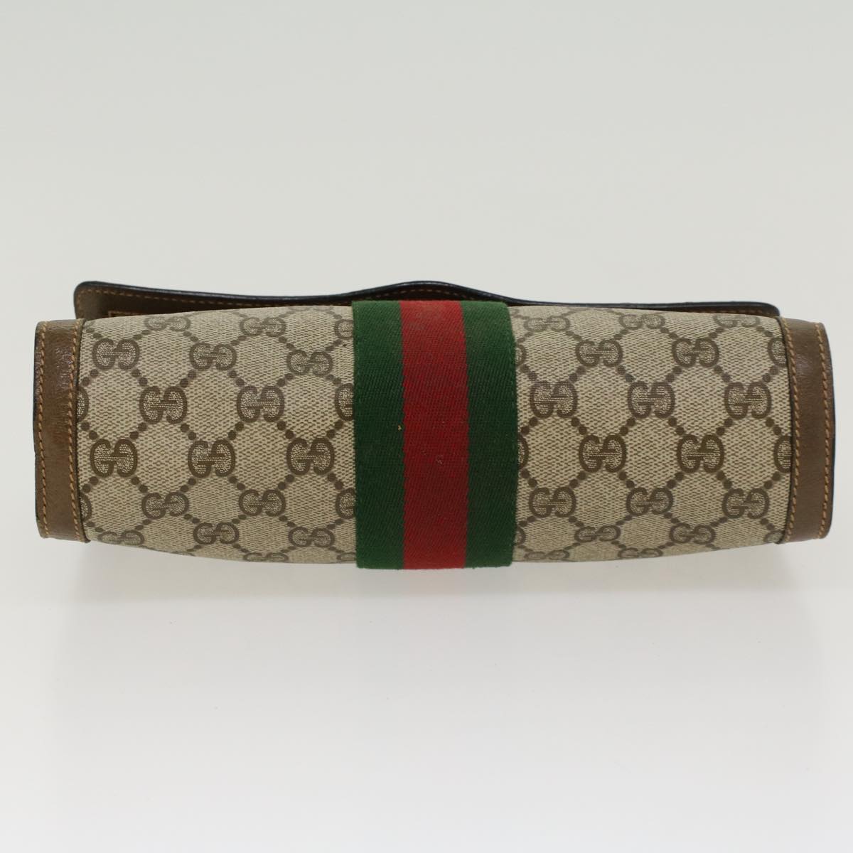 GUCCI GG Canvas Web Sherry Line Clutch Bag PVC Leather Beige Green Auth 43089