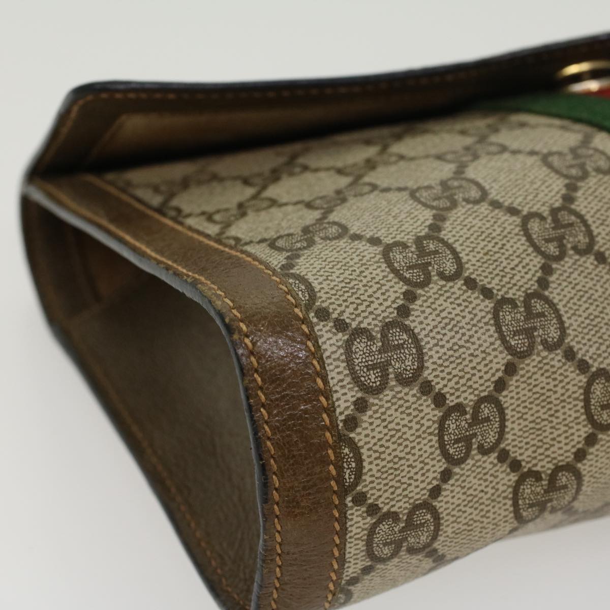 GUCCI GG Canvas Web Sherry Line Clutch Bag PVC Leather Beige Green Auth 43089