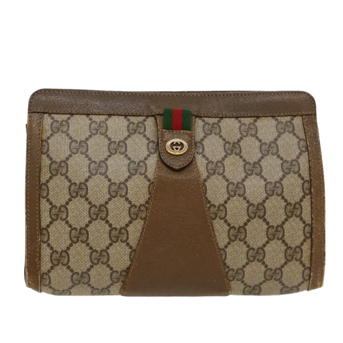 GUCCI GG Canvas Web Sherry Line Clutch Bag PVC Leather Beige Green Auth 43090