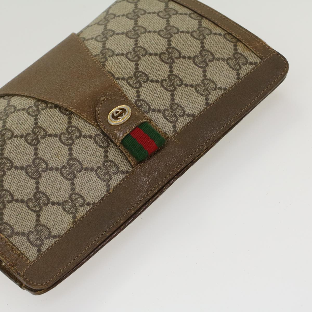 GUCCI GG Canvas Web Sherry Line Clutch Bag PVC Leather Beige Green Auth 43090