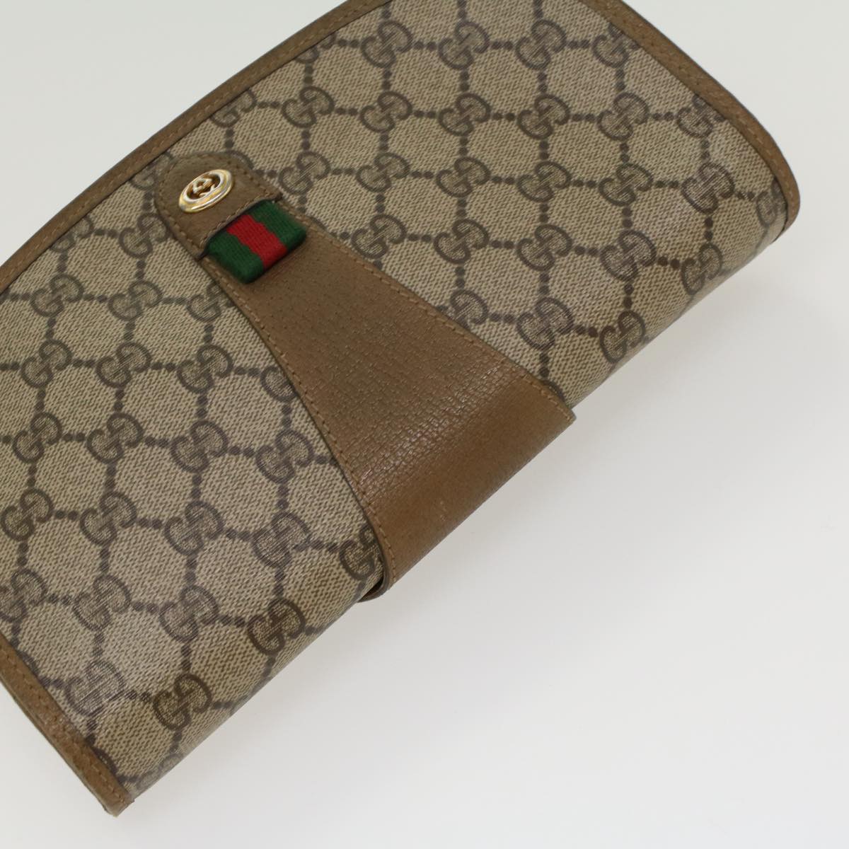 GUCCI GG Canvas Web Sherry Line Clutch Bag PVC Leather Beige Green Auth 43092