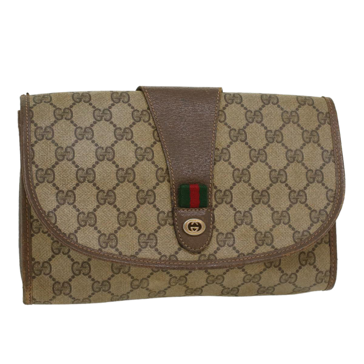 GUCCI GG Canvas Web Sherry Line Clutch Bag PVC Leather Beige Green Auth 43093