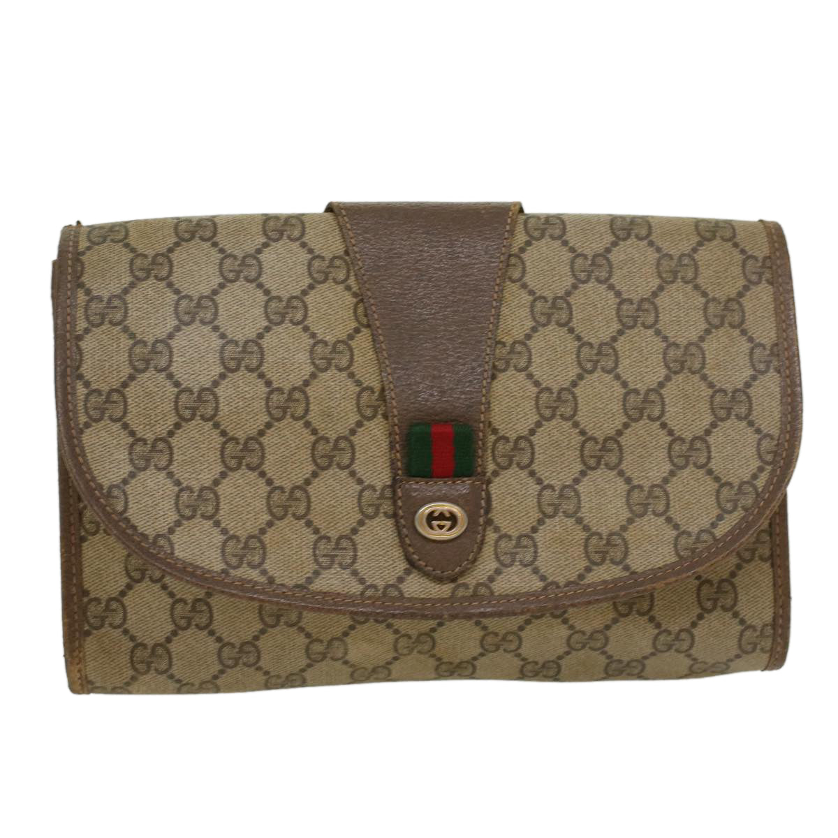 GUCCI GG Canvas Web Sherry Line Clutch Bag PVC Leather Beige Green Auth 43093