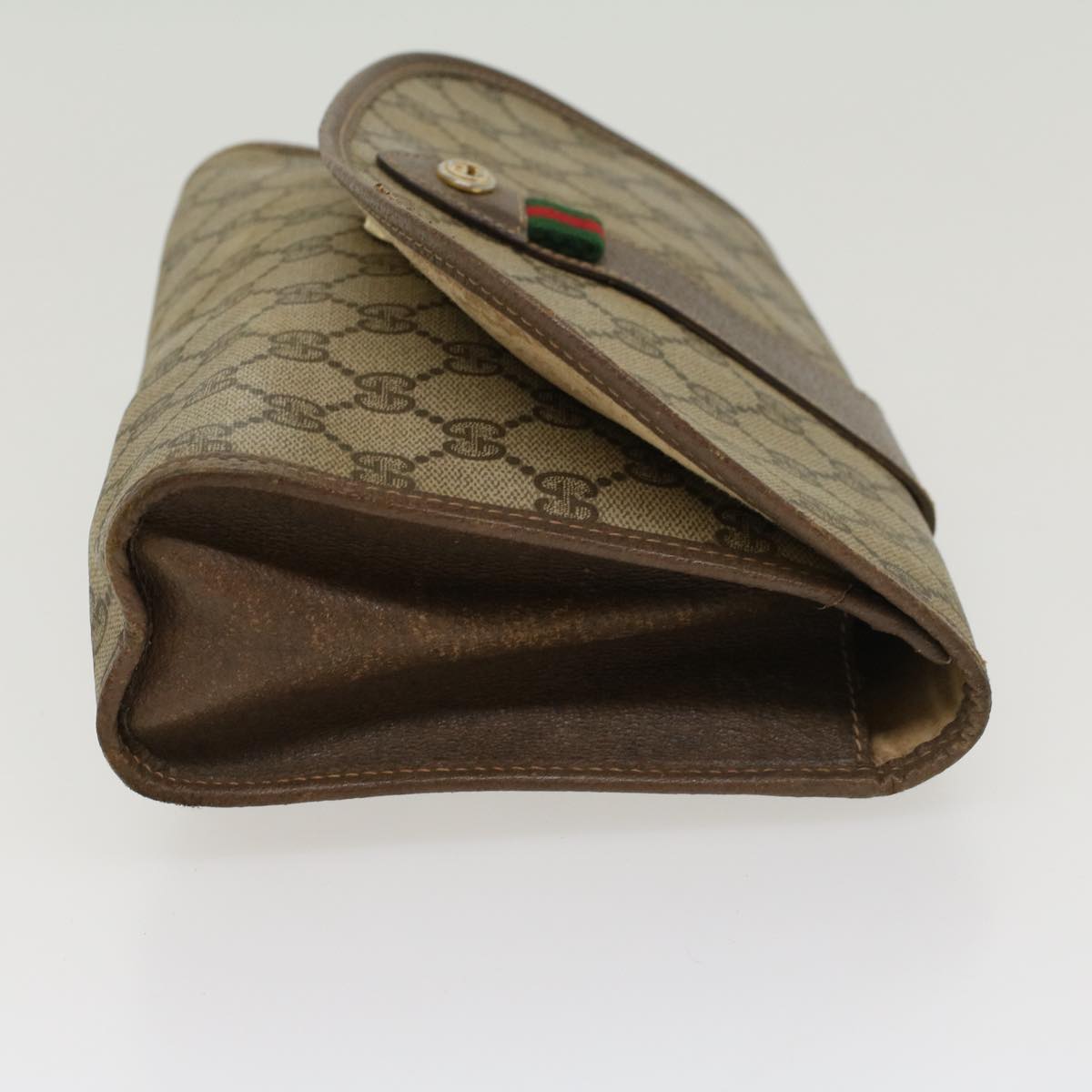 GUCCI GG Canvas Web Sherry Line Clutch Bag PVC Leather Beige Green Auth 43093