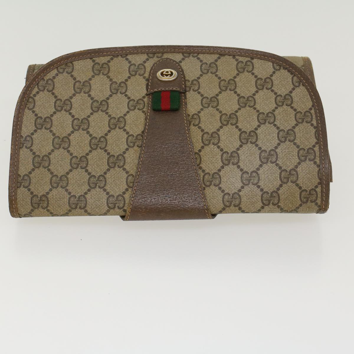 GUCCI GG Canvas Web Sherry Line Clutch Bag PVC Leather Beige Green Auth 43093