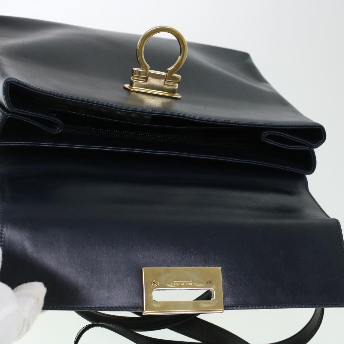 Salvatore Ferragamo Gancini Shoulder Bag Leather Navy Auth 43097