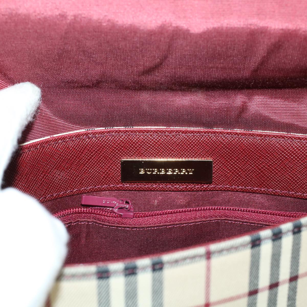 BURBERRY Nova Check Shoulder Bag Nylon Leather Beige Red Auth 43105