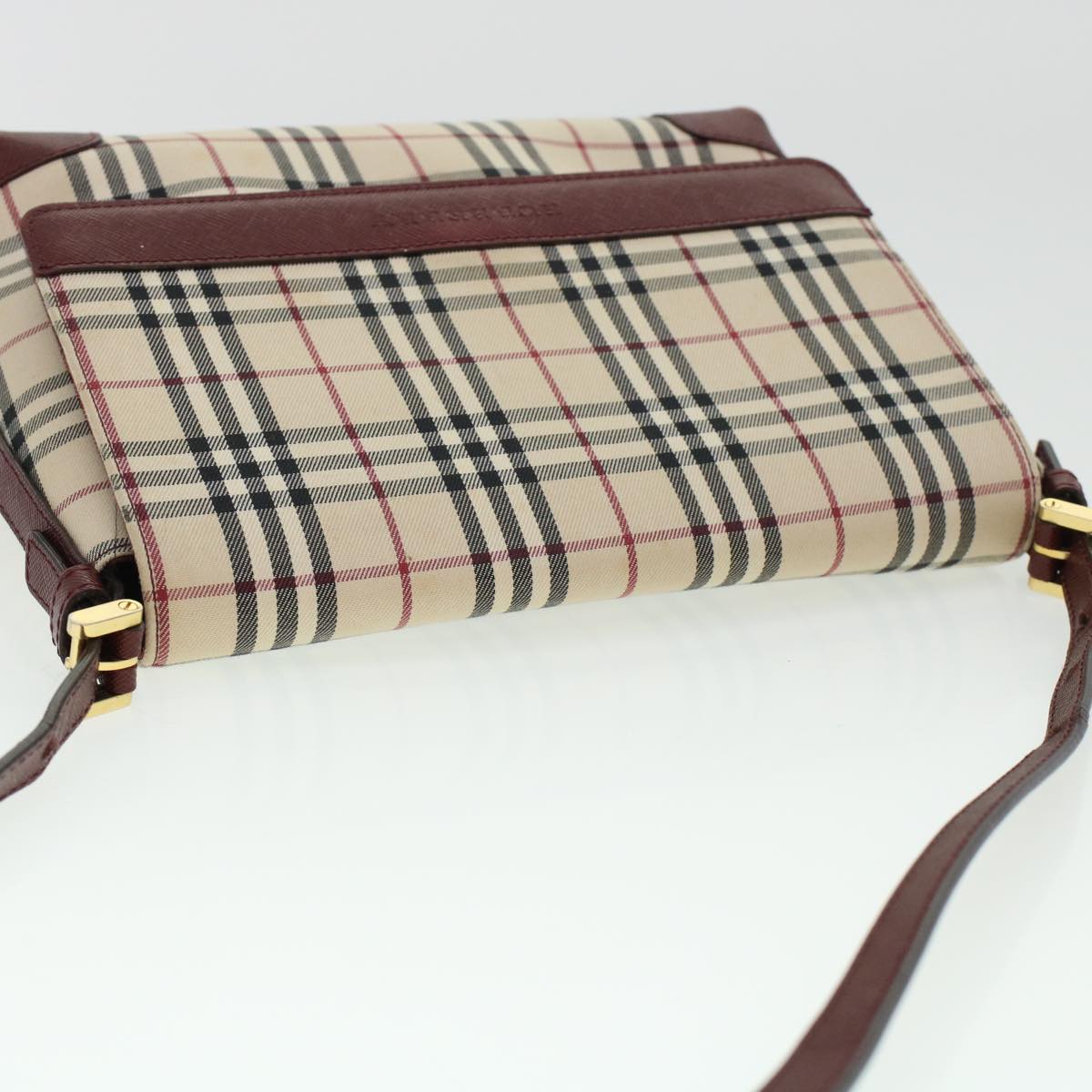 BURBERRY Nova Check Shoulder Bag Nylon Leather Beige Red Auth 43105