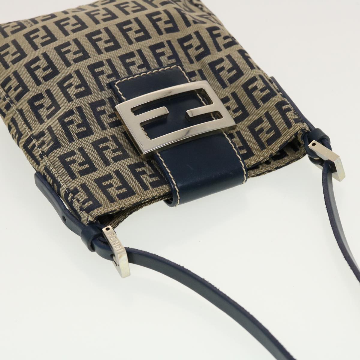 FENDI Zucchino Canvas Mamma Baguette Shoulder Bag Navy Auth 43120