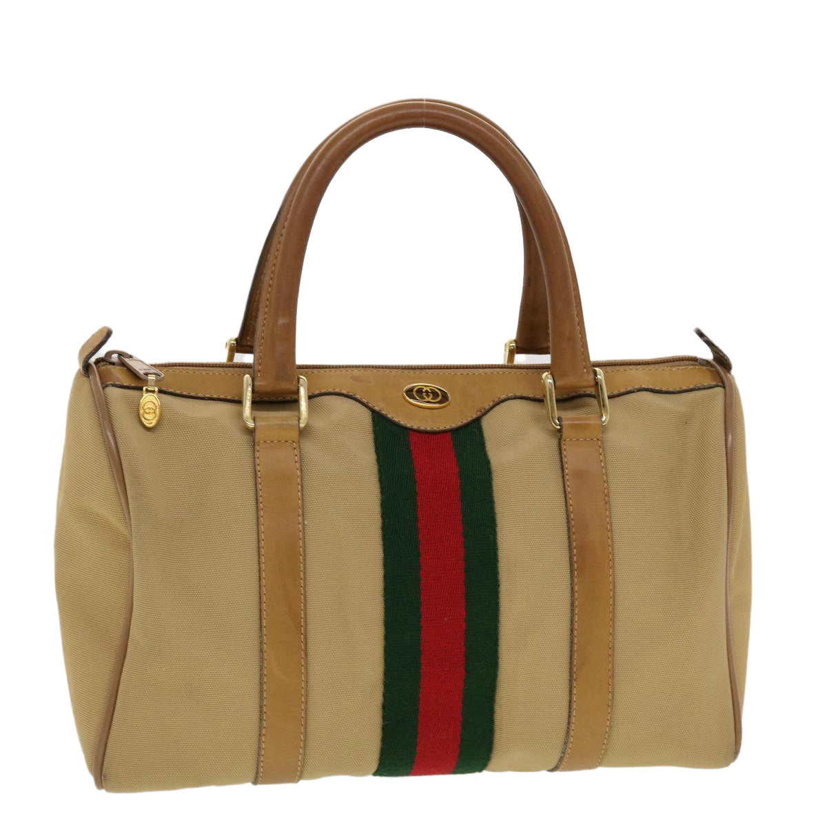 GUCCI Web Sherry Line Boston Bag Canvas Beige Red Green 378.012.3841 Auth 43210