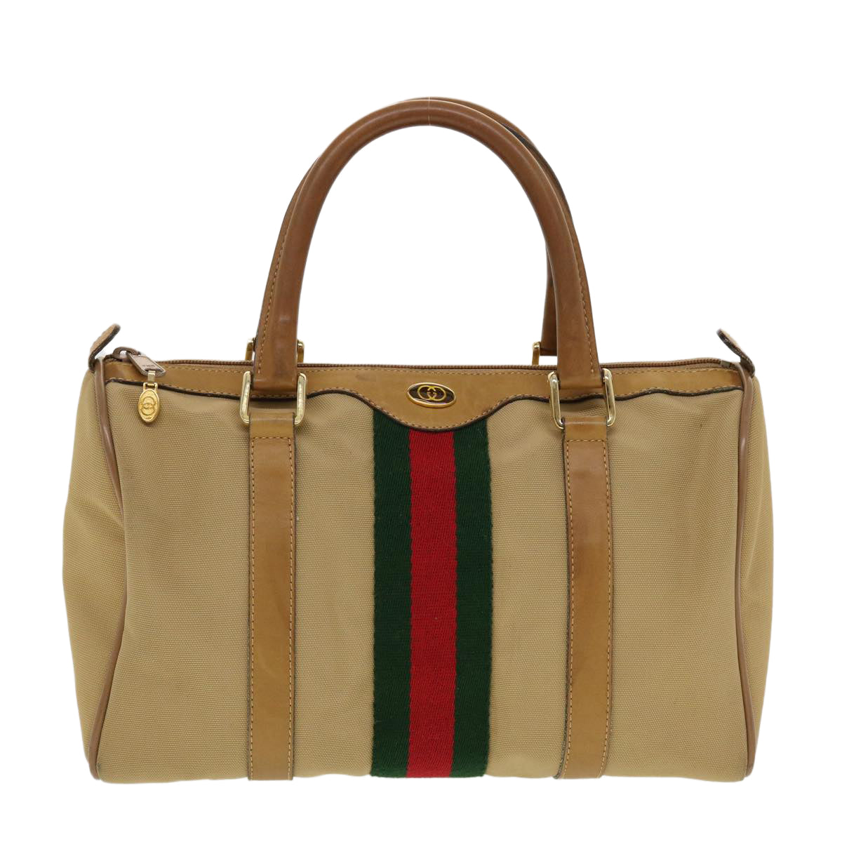 GUCCI Web Sherry Line Boston Bag Canvas Beige Red Green 378.012.3841 Auth 43210