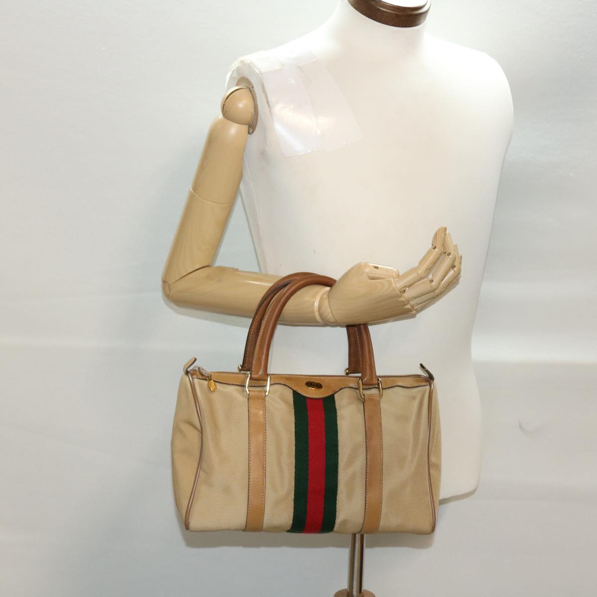 GUCCI Web Sherry Line Boston Bag Canvas Beige Red Green 378.012.3841 Auth 43210