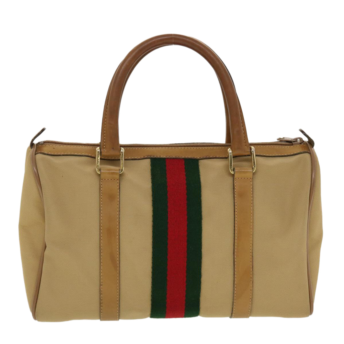 GUCCI Web Sherry Line Boston Bag Canvas Beige Red Green 378.012.3841 Auth 43210