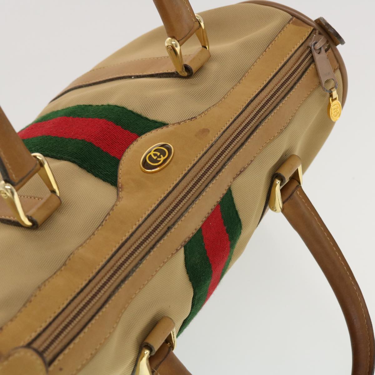 GUCCI Web Sherry Line Boston Bag Canvas Beige Red Green 378.012.3841 Auth 43210