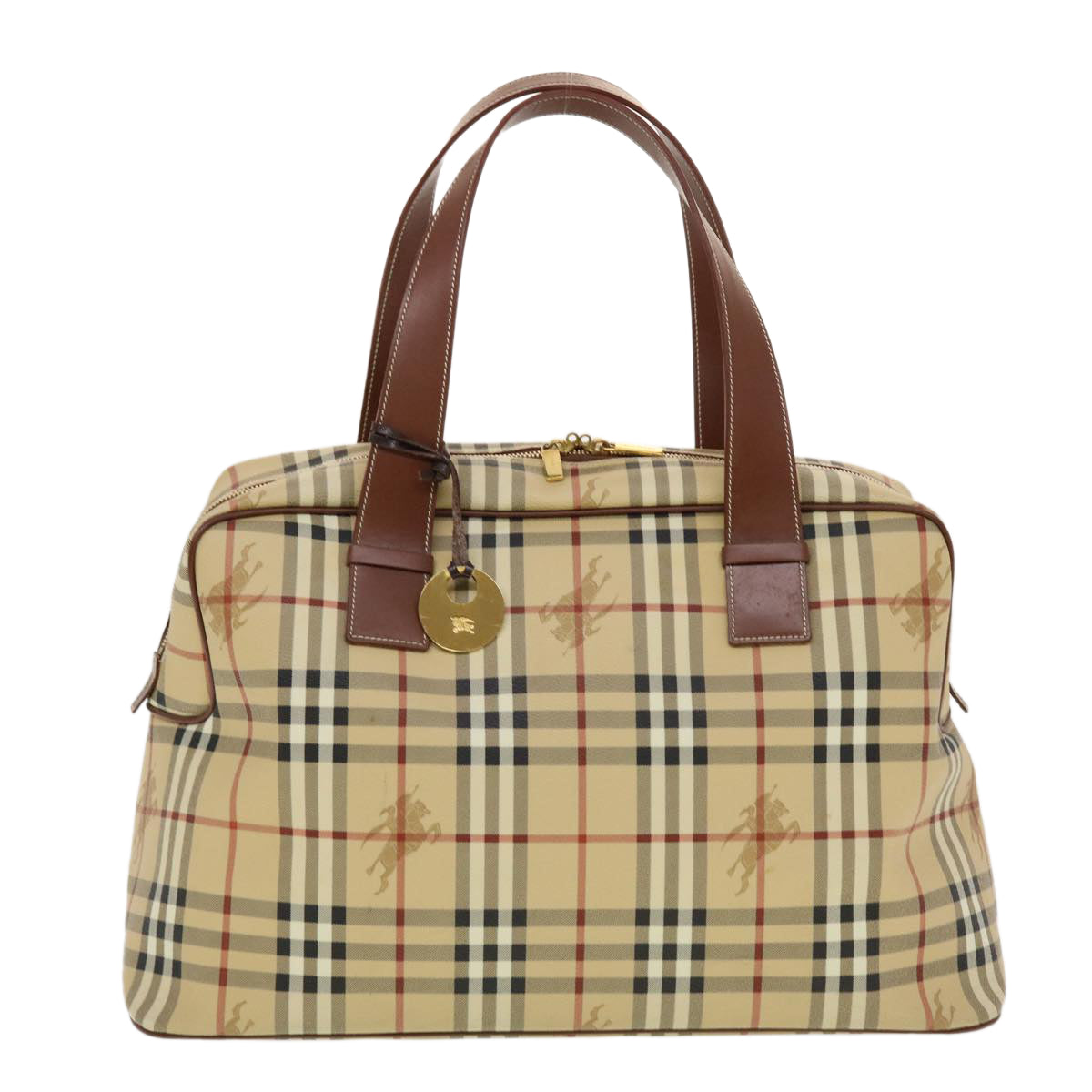 BURBERRY Nova Check Boston Bag PVC Leather Beige Auth 43249