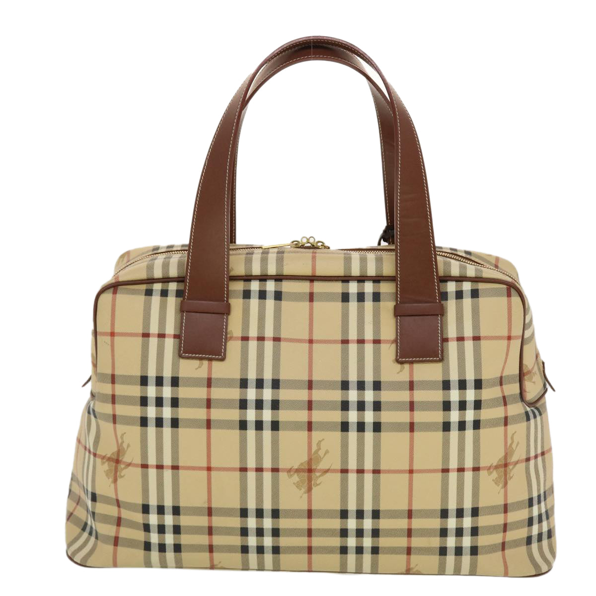 BURBERRY Nova Check Boston Bag PVC Leather Beige Auth 43249