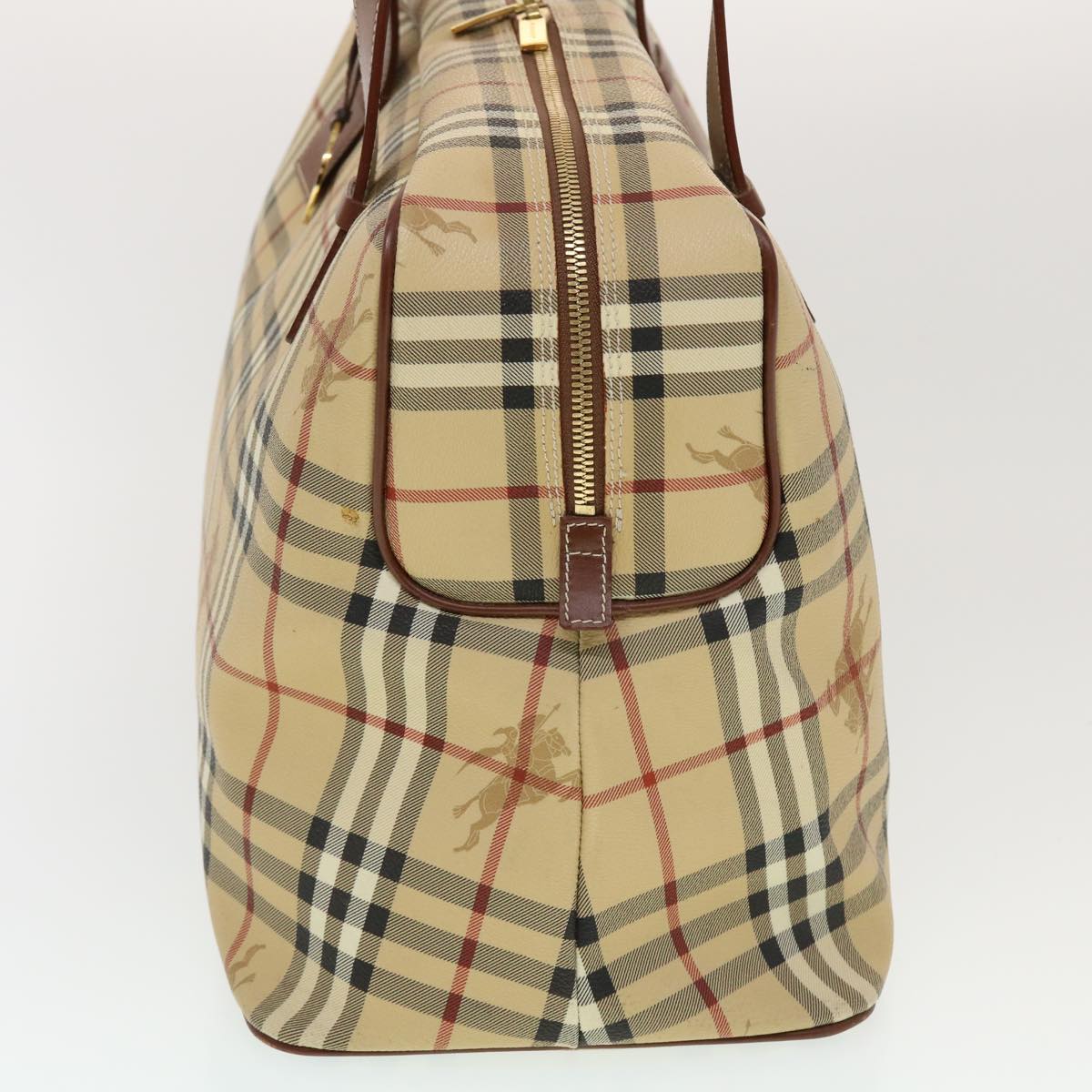 BURBERRY Nova Check Boston Bag PVC Leather Beige Auth 43249