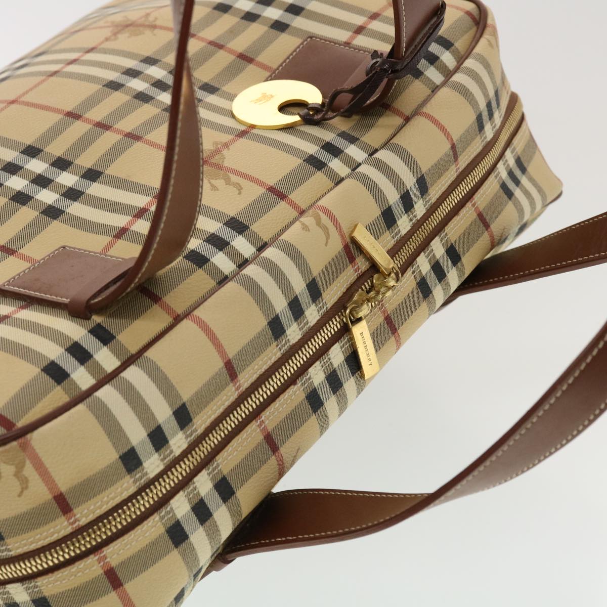 BURBERRY Nova Check Boston Bag PVC Leather Beige Auth 43249