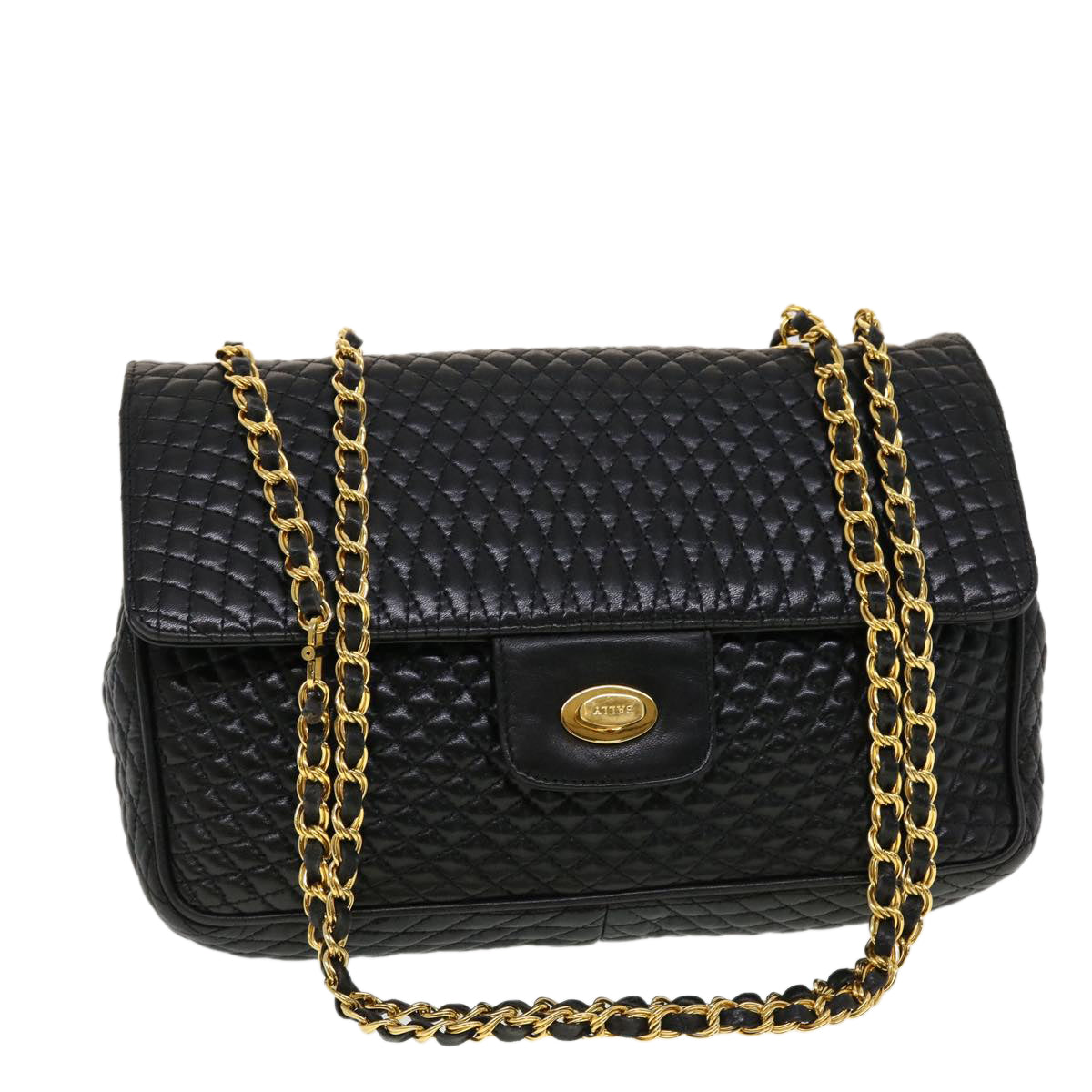 BALLY Chain Shoulder Bag Leather Black Auth 43256