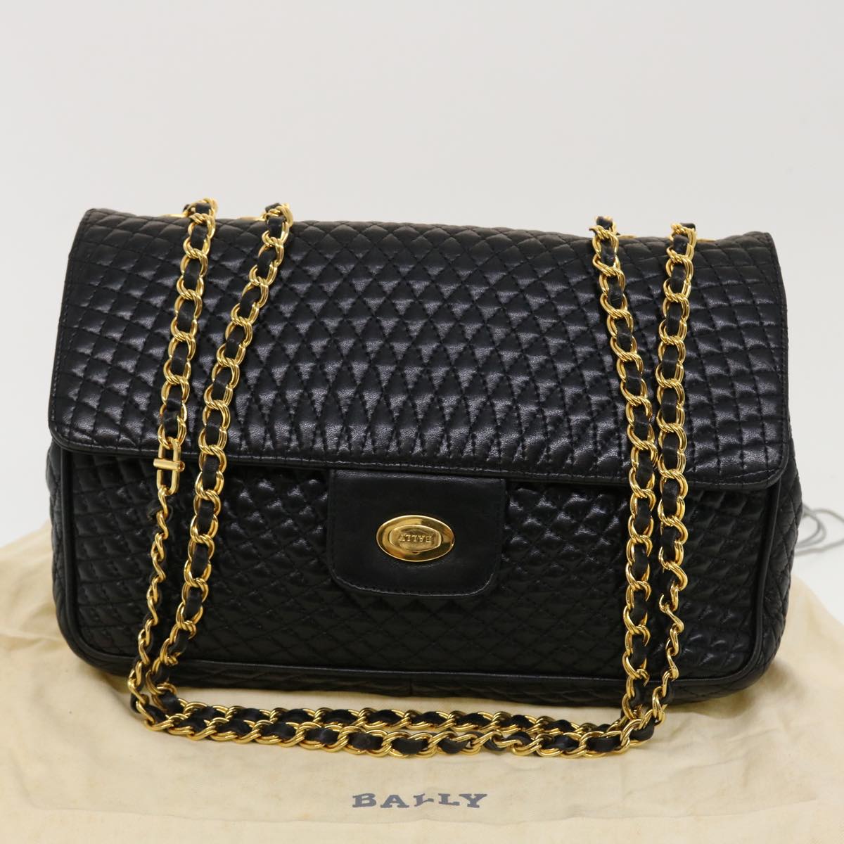 BALLY Chain Shoulder Bag Leather Black Auth 43256