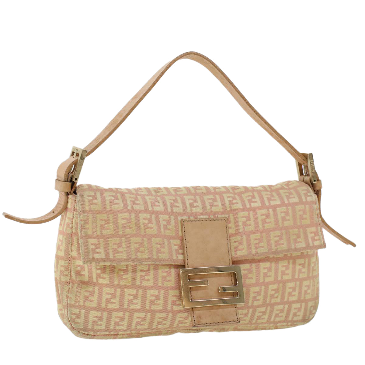 FENDI Zucchino Canvas Mamma Baguette Shoulder Bag Pink Auth 43299