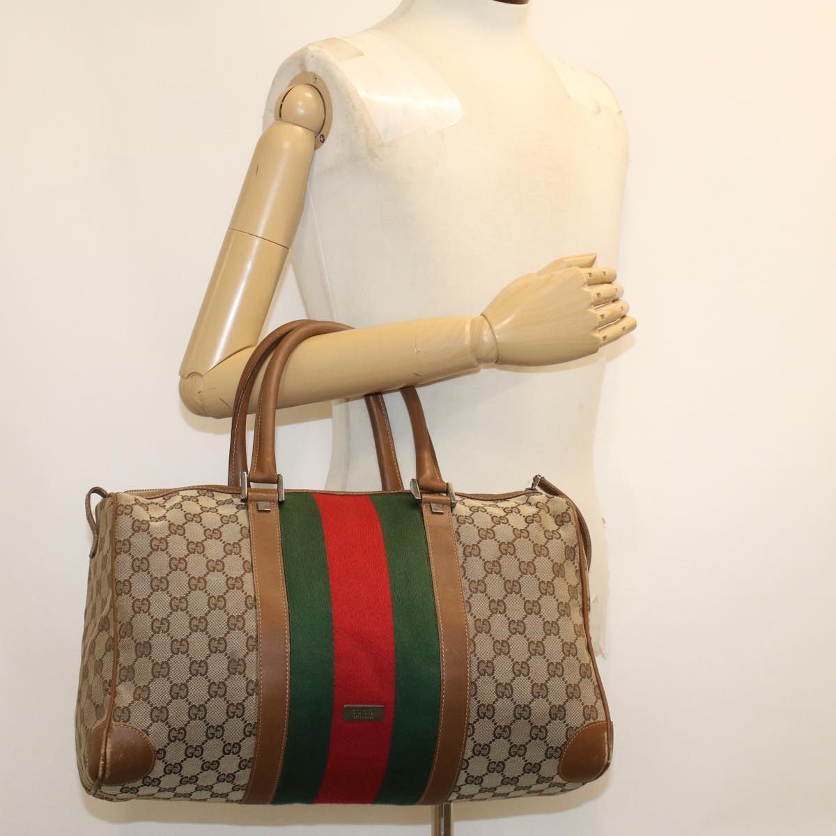 GUCCI GG Canvas Web Sherry Line Boston Bag Beige Red 2122.000.5301 Auth 43326