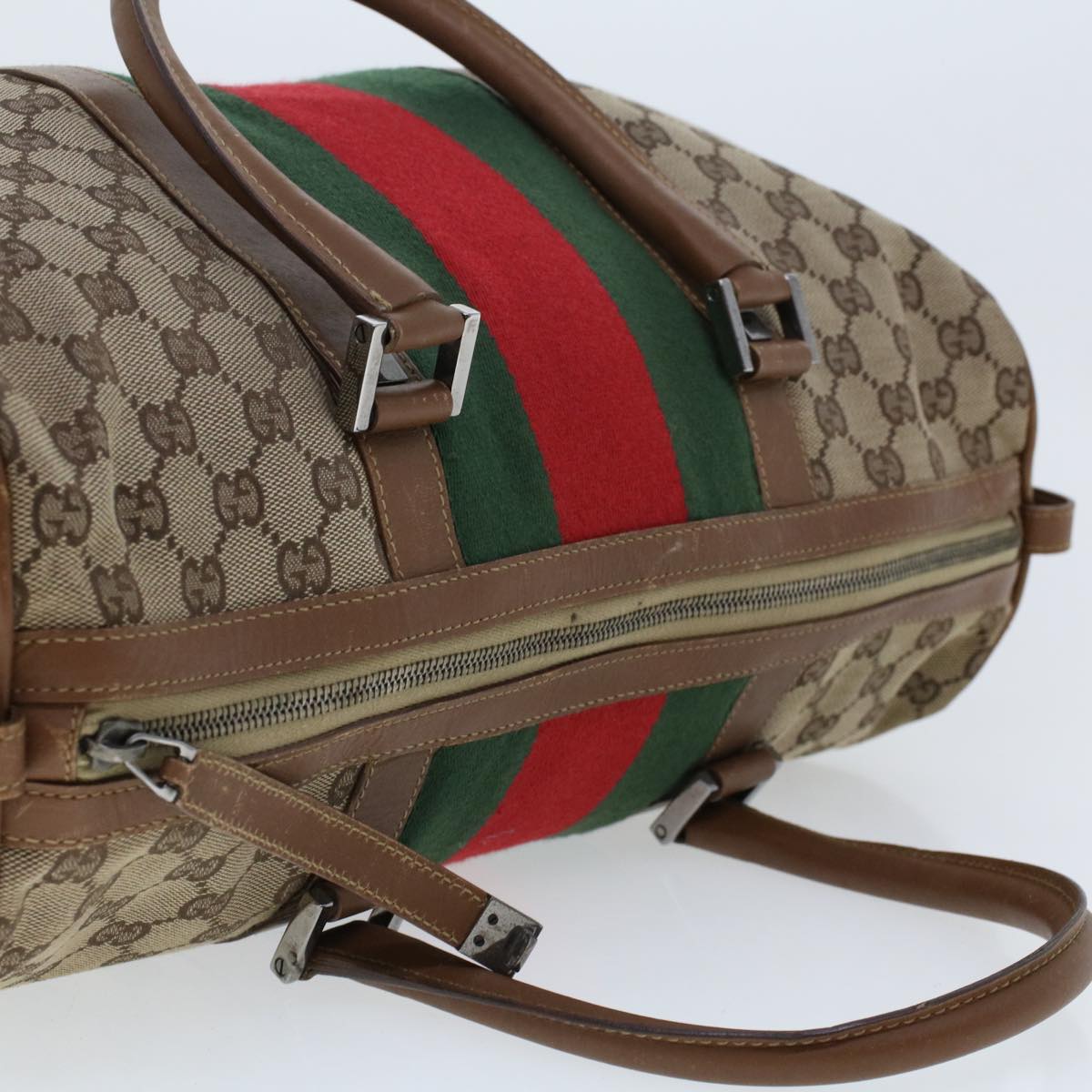 GUCCI GG Canvas Web Sherry Line Boston Bag Beige Red 2122.000.5301 Auth 43326