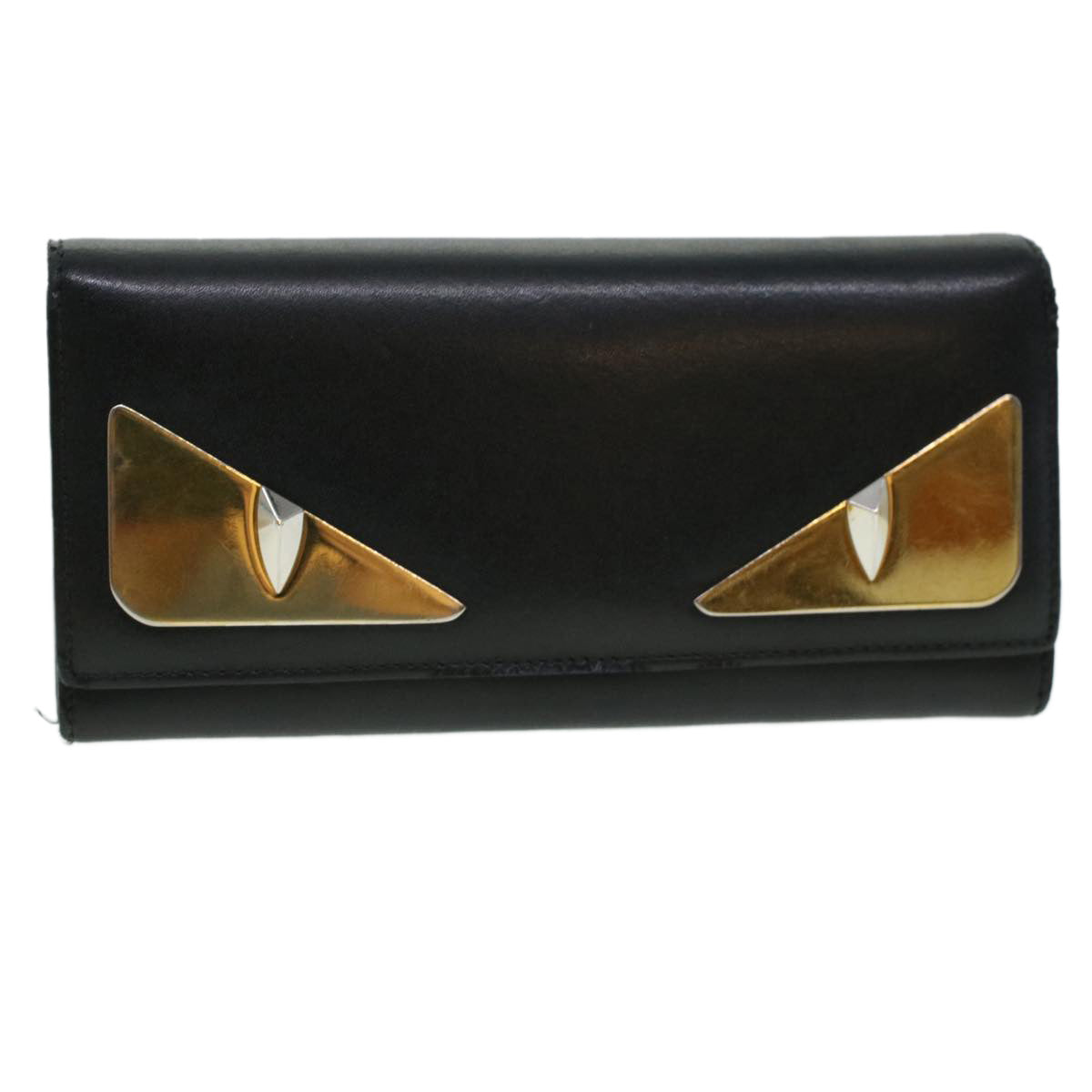 FENDI Bug's Eye Monster Long Wallet Leather Black Gold Auth 43573