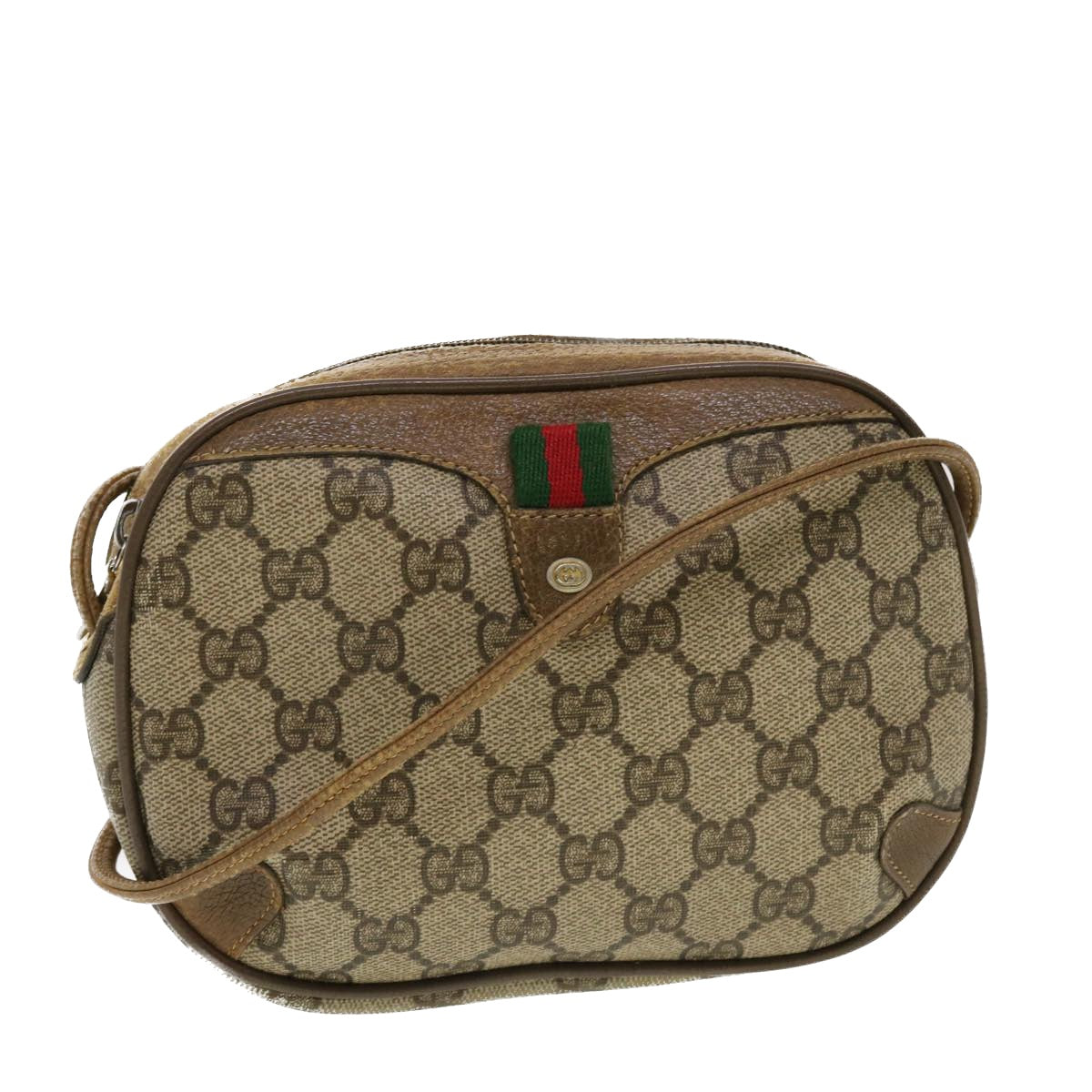 GUCCI GG Supreme Web Sherry Line Shoulder Bag Beige Red 89.02.066 Auth 43663