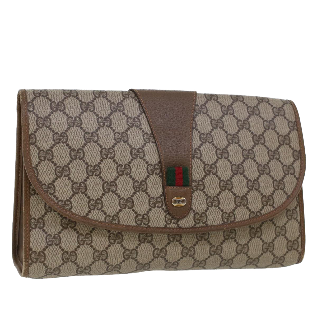 GUCCI GG Canvas Web Sherry Line Clutch Bag Beige Red 89.01.031 Auth 43670