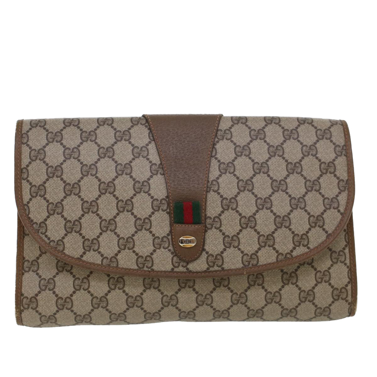 GUCCI GG Canvas Web Sherry Line Clutch Bag Beige Red 89.01.031 Auth 43670