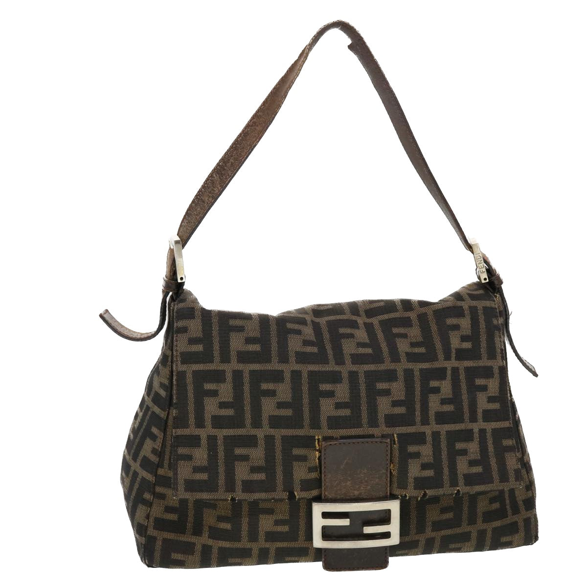 FENDI Mamma Baguette Zucca Canvas Shoulder Bag Nylon Brown Black Auth 43694