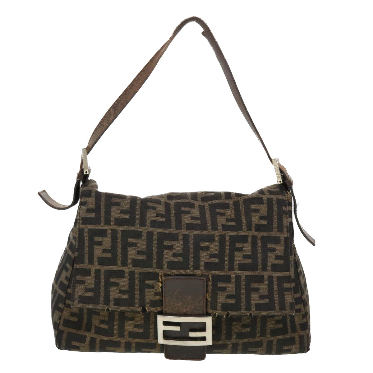 FENDI Mamma Baguette Zucca Canvas Shoulder Bag Nylon Brown Black Auth 43694