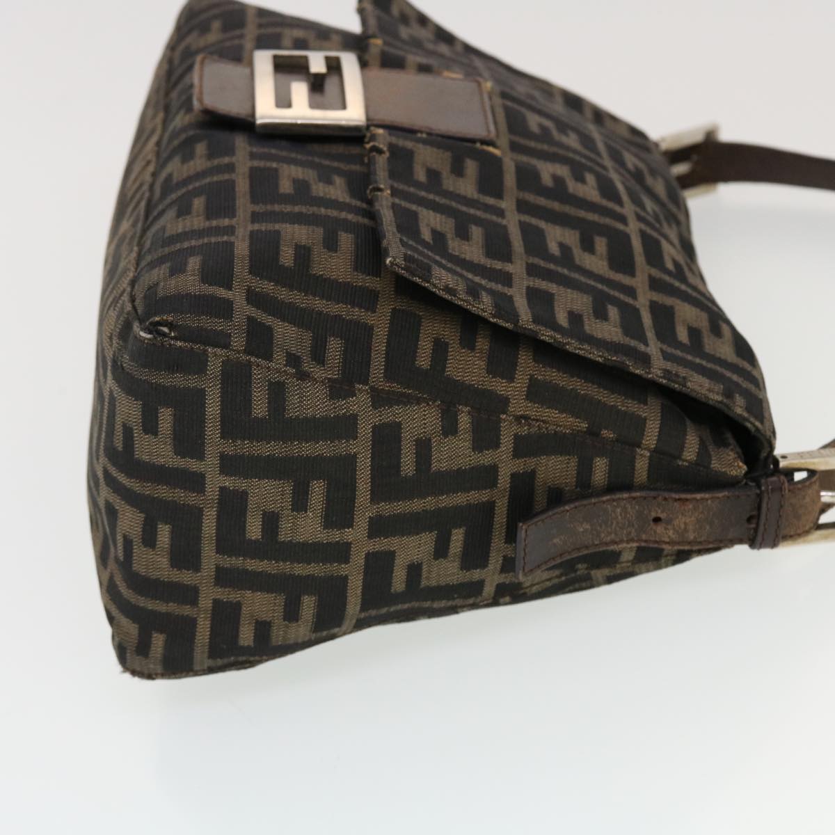 FENDI Mamma Baguette Zucca Canvas Shoulder Bag Nylon Brown Black Auth 43694