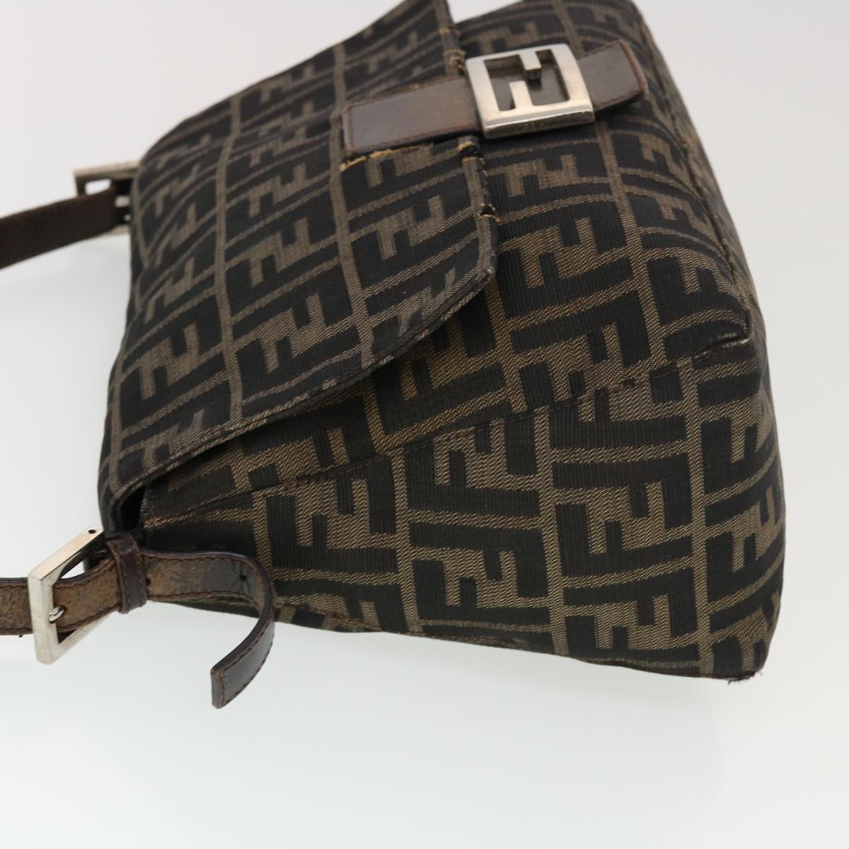 FENDI Mamma Baguette Zucca Canvas Shoulder Bag Nylon Brown Black Auth 43694