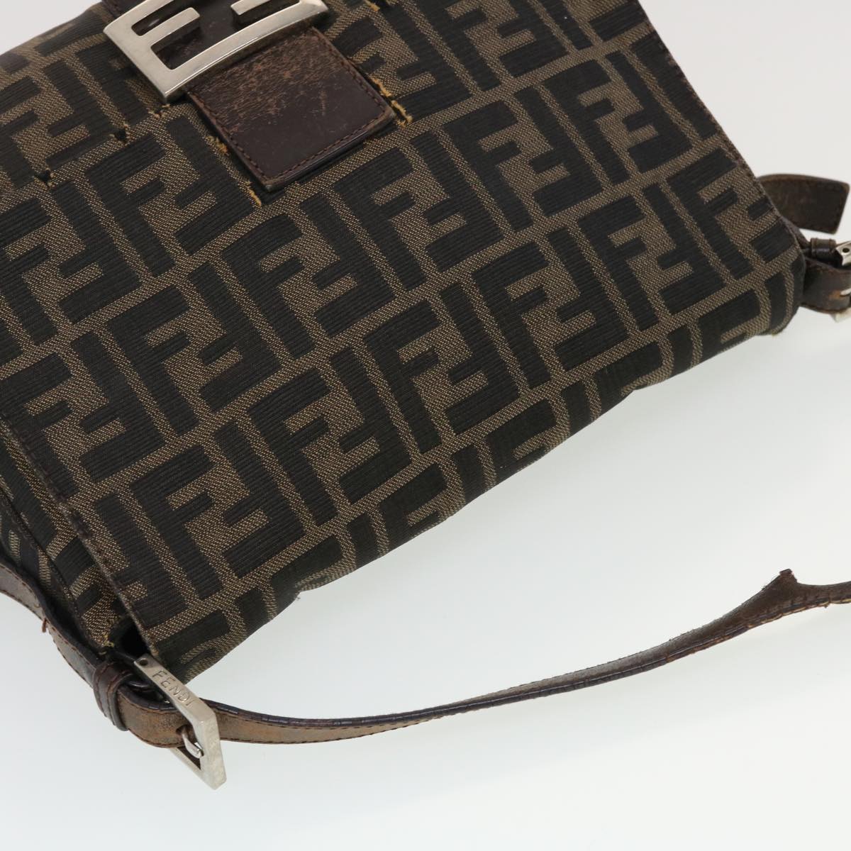 FENDI Mamma Baguette Zucca Canvas Shoulder Bag Nylon Brown Black Auth 43694