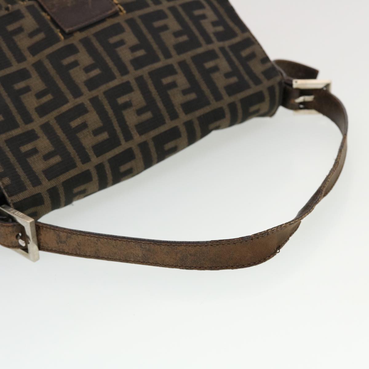 FENDI Mamma Baguette Zucca Canvas Shoulder Bag Nylon Brown Black Auth 43694